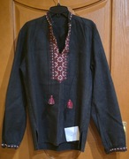 Koszula męska, czarna, lniana, haft ręczny, wzór huculski, używana