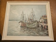 Obraz olejny z Holandii ,,statki,,