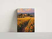 Obraz na płótnie 50x75 – słoneczniki, wiejski dom, zachód słońca 