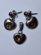 Wisiorek kolczyki serce Bursztyn srebro 925