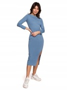 Prosta sukienka midi z rozcięciem na nogę niebieska roz. M