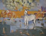 BIAŁY KOŃ PEJZAŻ olej płótno1985 staroć 50,7x64,7 