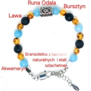 BRANSOLETKA BURSZTYN KAMIEŃ AKWAMARYN LAWA NA WYMIAR RUNA ZAPIĘCIE STAL 316