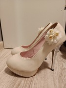 BUTY NA OBCASIE WIZYTOWE ŚLUBNE Z KRYSZTAŁAMI ECRU 38
