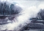 Mglisty poranek na terenach zalewowych akwarela 30x42cm