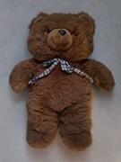 Duży brązowy pluszowy miś z kokardą w kratkę vintage retro Teddy bear