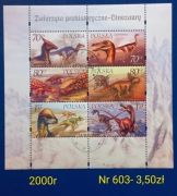 Znaczki fauna:603: dinozaury- Polska 2000r 