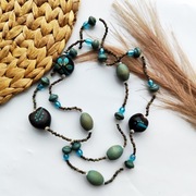 Korale na szyję drewniane brązowe niebieskie długie Boho 