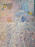 Obraz z dziewczyną i sikorkami.