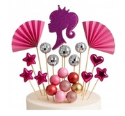 Toppery na tort Barbie Disco Pink 38 szt zestaw dekoracji urodzinowych
