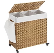 Polirattanowy kosz na pranie na kółkach3 przegodami uchwytem i kieszenią