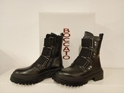 Damskie trapery skórzane czarne BOCCATO  botki na platformie, ozdobne paski