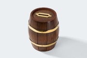 Drewniana skarbonka w kształcie beczki z elementami mosiądzu