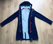 Długa kurtka damska, płaszcz z kapturem. Rozm. XS.