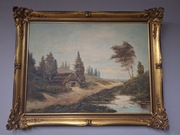 Stary duży obraz olejny na płótnie H.Wehler z przepiękną starą ramą 