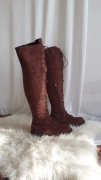 Kozaki za Kolano Zamszowe Sznurowane 38 Burgundowe Brązowe