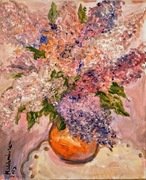 Romantyczny Obraz Akrylowy – Bzy w Wazonie , Ręczne Malowanie 