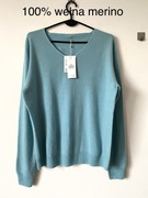 Nowy 100% wełna merino niebieski sweter dekolt w serek vneck pastelowy