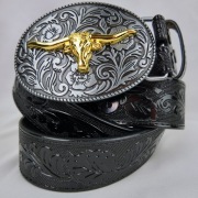 Pasek skórzany Sansths Western klamra byk 130 cm czarny