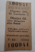 Czerwonka C-Olsztyn Gł- Mrągowo,albo Reszel-zlikwidowana.Bilet kartonik PKP