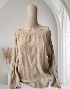 Karmelowy sweter shein z plecionym wzorem rękaw 3/4 S