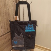 DWA KOTY-nowa torebka zakupowa na zamek z matetiału - rękodzieło hand made