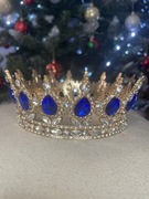 Korona tiara diadema złota z niebieskimi kryształkami