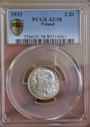 2  złote 1933 – Głowa Jadwigi – srebro – AU58