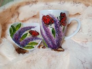 Fioletowe budleje i motyle komplet kubek 380 ml. ręcznie malowany