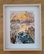 zachód słońca nad jeziorem obraz akwarela format A5