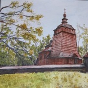 Akwarela , malowane farbami - Kościół , cerkiew ze wsi Czarne ( skansen NS)