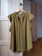Zielona, khaki bluzka na guziki, ozdobne rękawki, plisy, H&M, 44