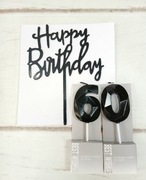Topper Happy Birthday czarny + świeczki urodzinowe 60 czarne 11 cm