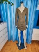 Przekładana sukienka khaki długi rękaw marszczenia wiskoza M/L (12)