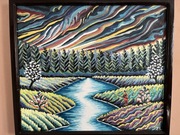 ,,rzeka wśród pól’’ obraz olejny