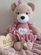 Miś szydełkowy ręcznie robiony + zawieszka do smoczka prezent baby shower 