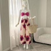 Tropikalny set boho spodnie wide leg hibiskusy i bandeau top magenta