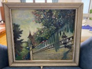 Obraz mur miasto wieża olejny na płótnie 73x65cm