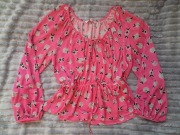 Różowa bluzka z baskinką i bufiastymi rękawami rozm.L