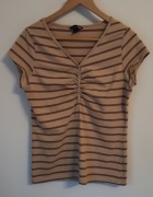 bluzka krótki rękaw brązowa w paski vintage dekolt w serek guziki H&M 40/L