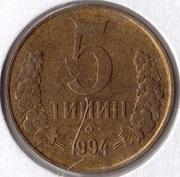 UZBEKISTAN 5 tiyn 1994, KM# 3,2, XF, duża piątka