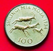 100 Szylingów  1994 r  -   Tanzania  Antylopy   stan  !!!   