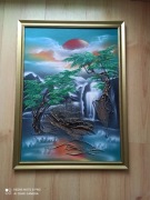 Wypukły obraz, pejzaż, w złotej ramce, 65x50 cm