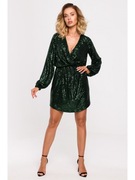 Sylwestrowa mini z cekinami i dekoltem kopertowym - butelkowa zieleń roz M