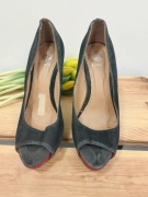 Czarno-czerwone szpilki na platformie, obcasy, zamszowe