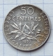#1850 Francja 50 centymów 1899 srebro ładna 
