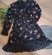 Czarna sukienka w kwiatki 36 falbankowe wykończenia 