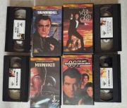 4 x VHS James Bond: Connery, Moore, Brosnan z opisami z gazet