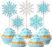 Toppery pikery na tort – 4 śnieżynki błękitno-srebrne