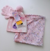 Komplet pudrowy róż czapka komin rękawiczki Jednorożec
